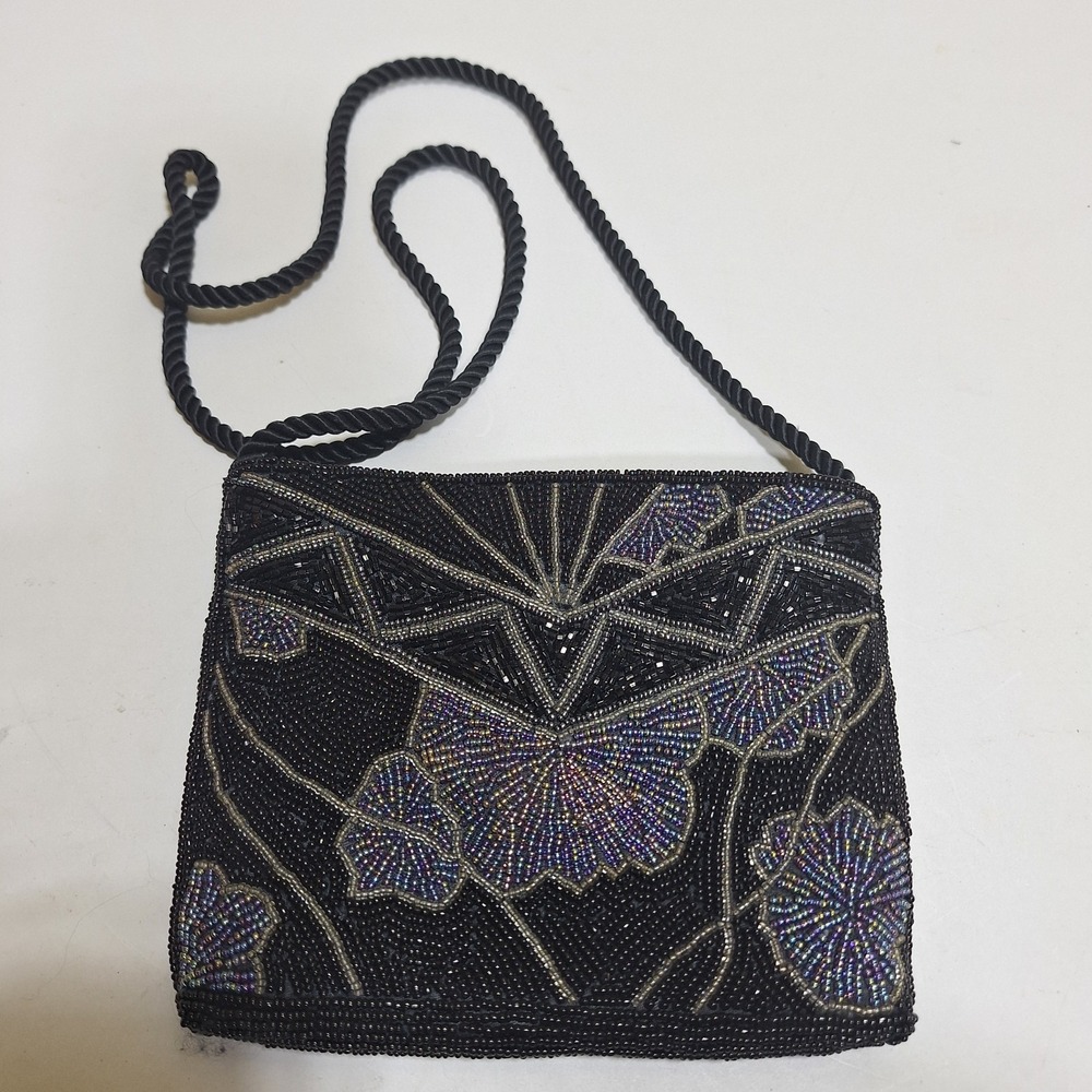 Vintage Black Glass Beaded Evening Bag Art Deco Floral Shoulder Purse Hand Beade